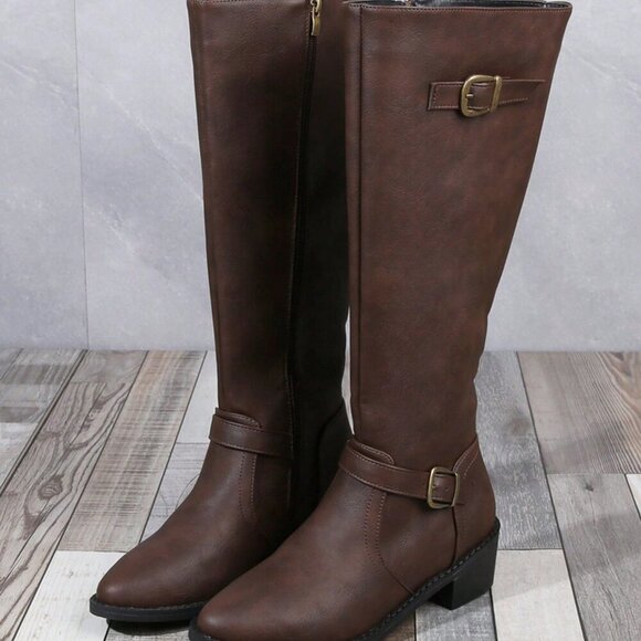 Brown Party Women's High-Cut Heel Riding Boots with Zipper & Pointed Toe - Picture 5 of 5